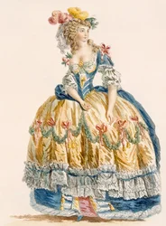 Hölgy díszes báli ruhája, Dupin metszete, a "Galeries des Modes et Costumes Francais"-ból, 1778-87 körül.